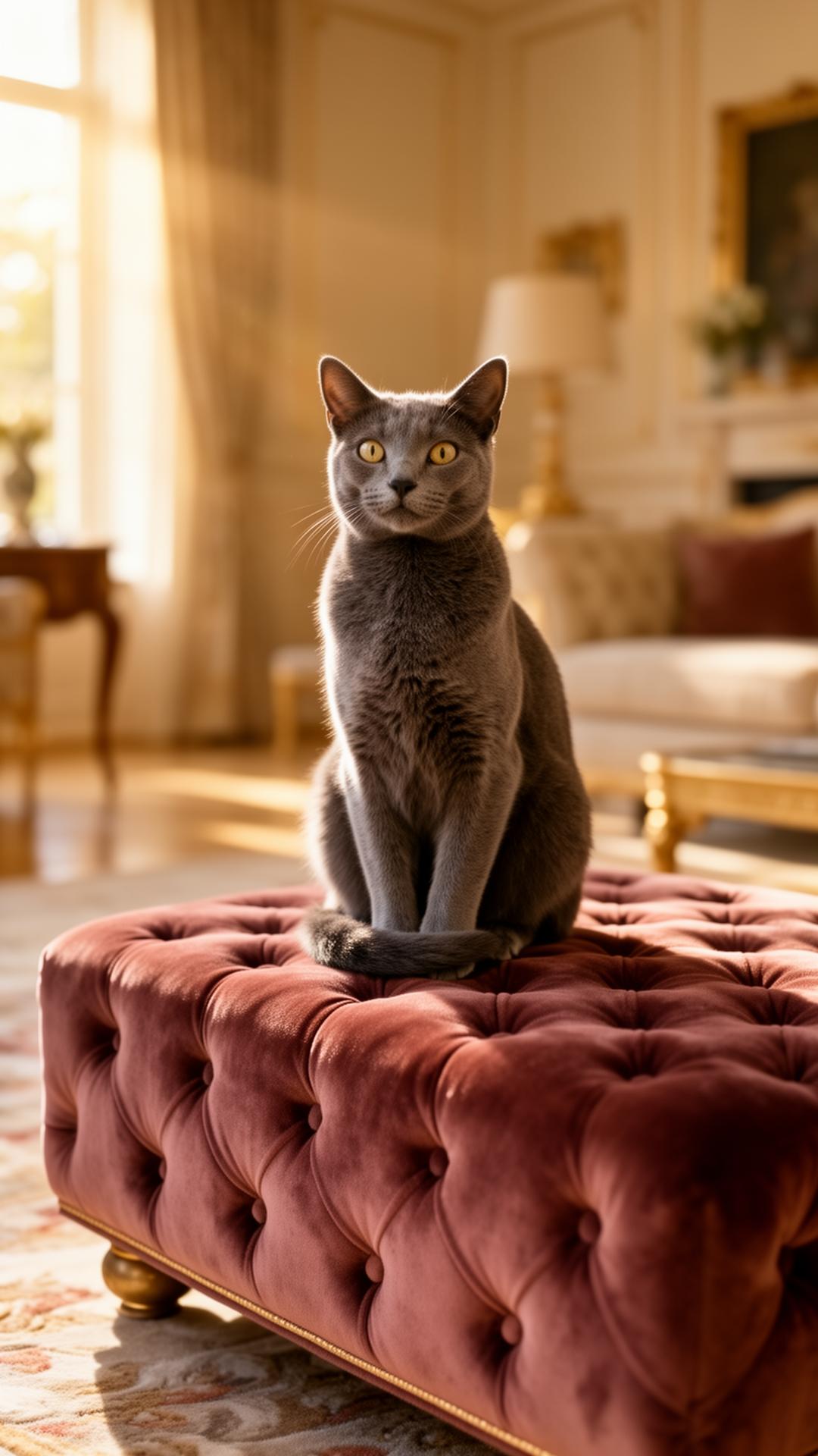 Russian Blue cat in an elegant sunlit room