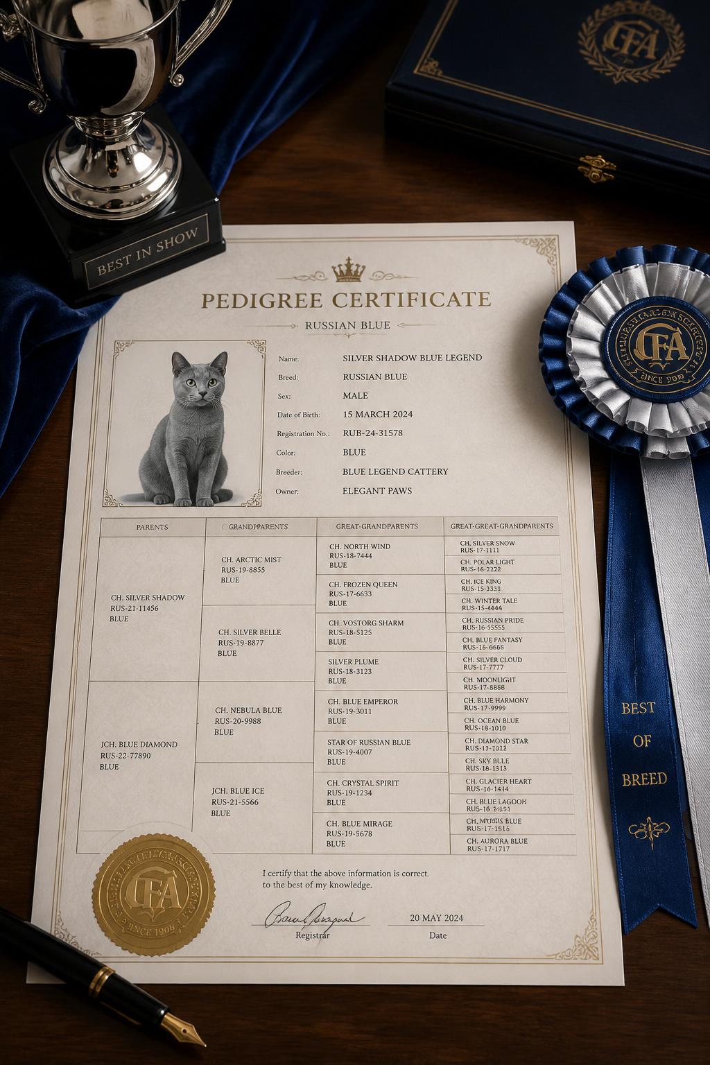 Four-Generation Pedigree — Azurine Russian Blue Cattery