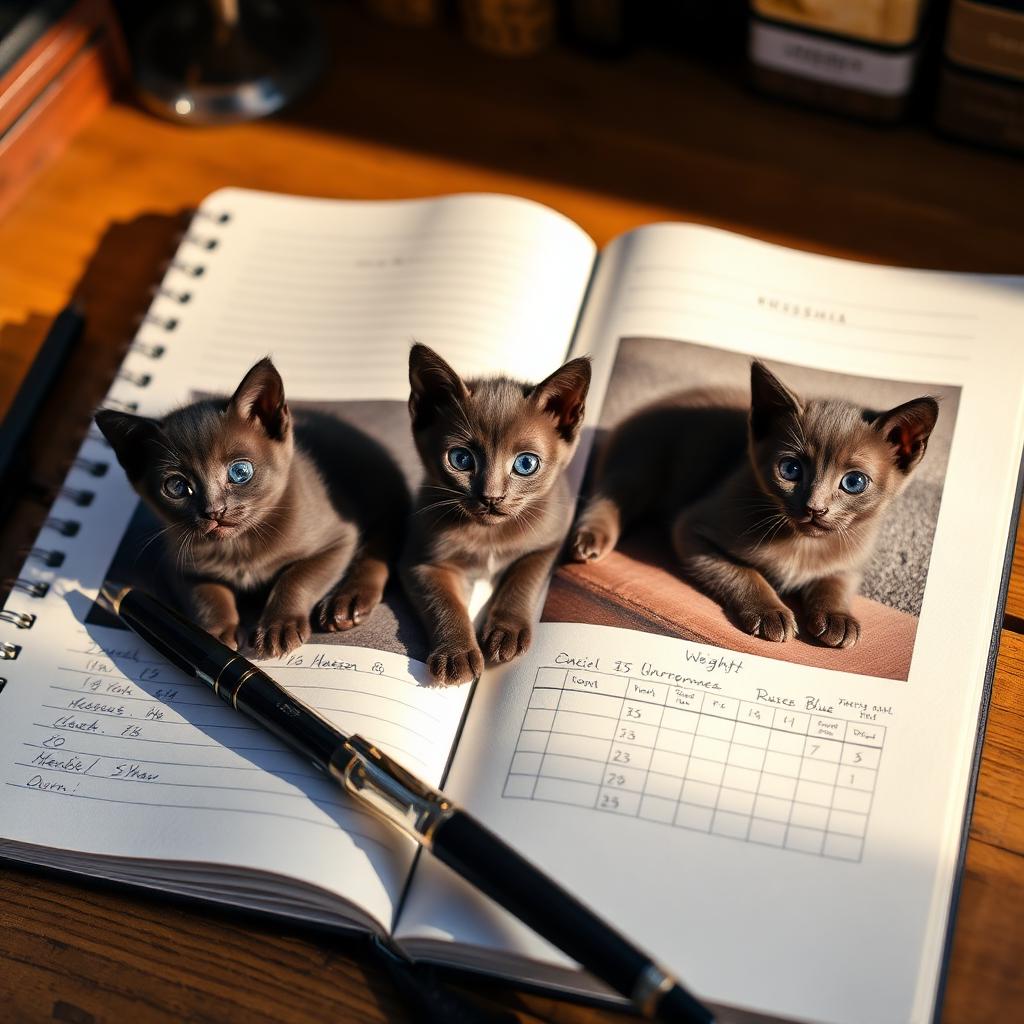Open breeding journal notebook documenting Russian Blue litter