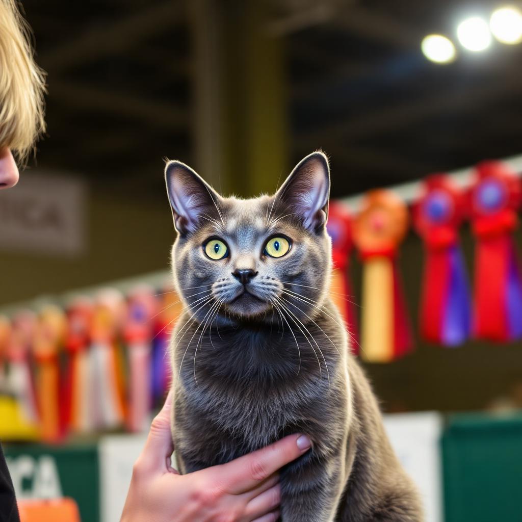 Russian Blue cat at TICA cat show with award ribbons