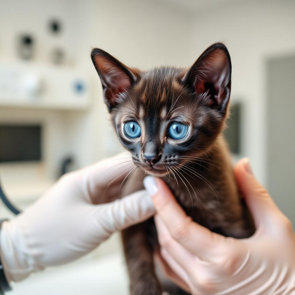 Russian Blue kitten examined by veterinarian