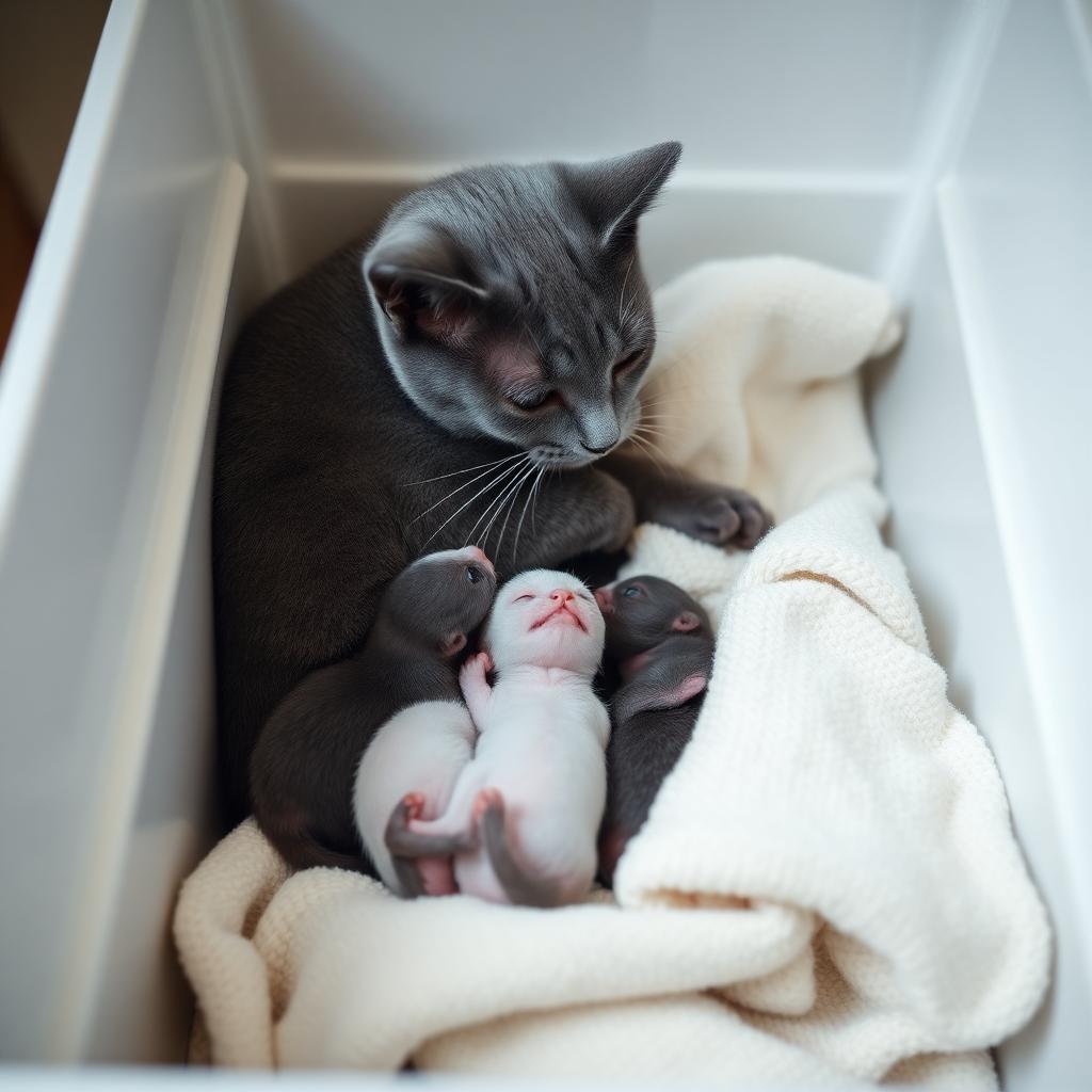 Russian Blue queen nursing newborn kittens in a clean whelping box